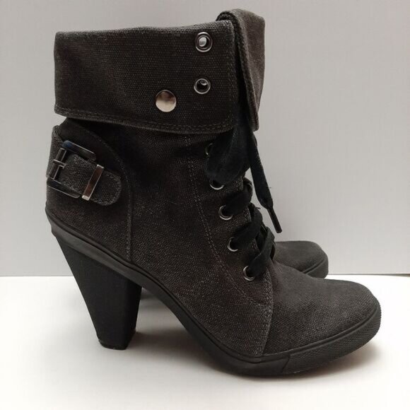 ALDO Canvas Lace-Up High Heel Fold-Over Ankle Boots Sz 8 - 8.5 - Picture 3 of 15